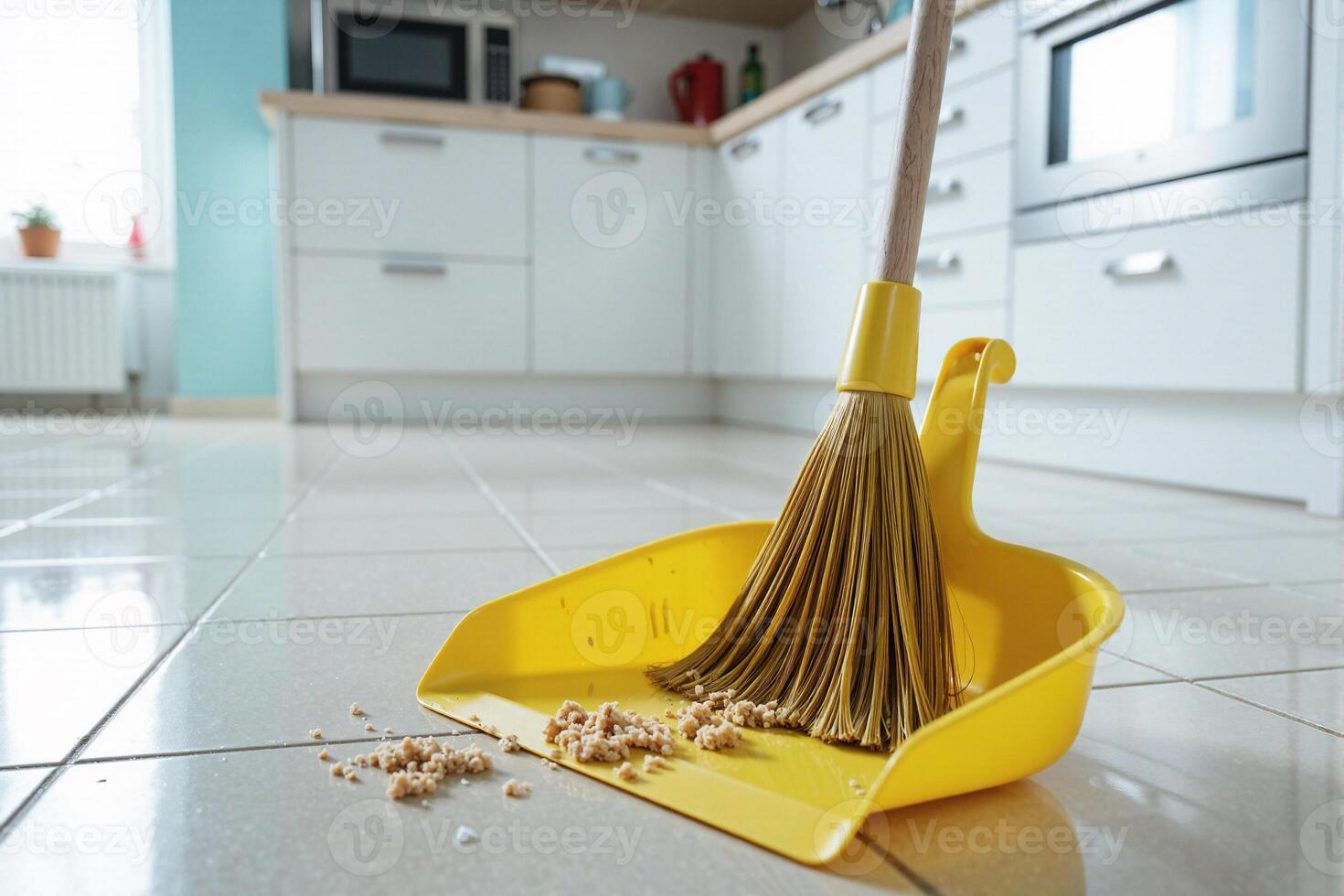 A yellow broom and dustpan on a tiled floor photo