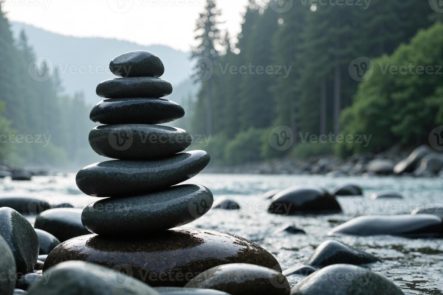 A stack of rocks sitting on the rocks by a river photo