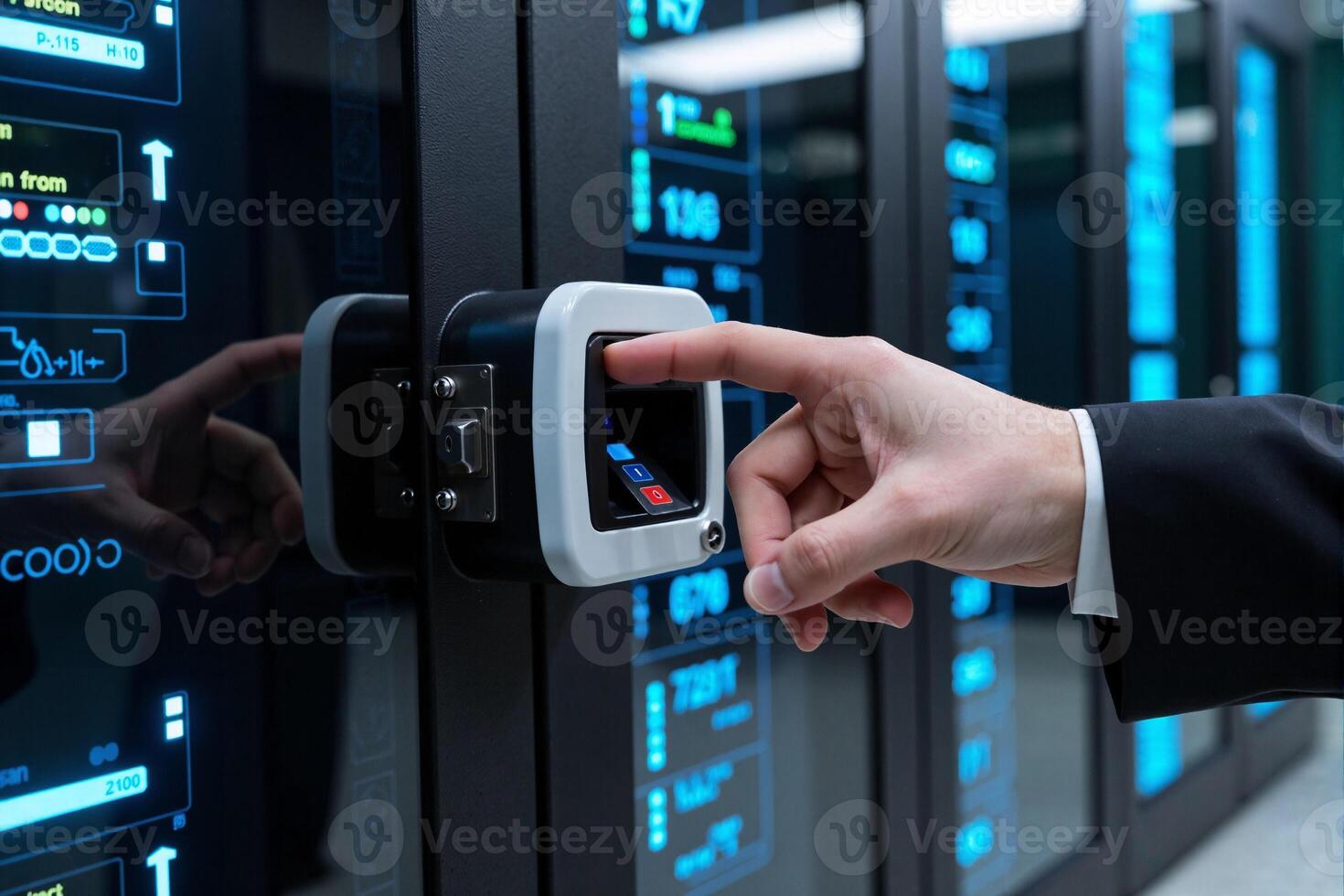 A person in a suit is touching a computer screen photo