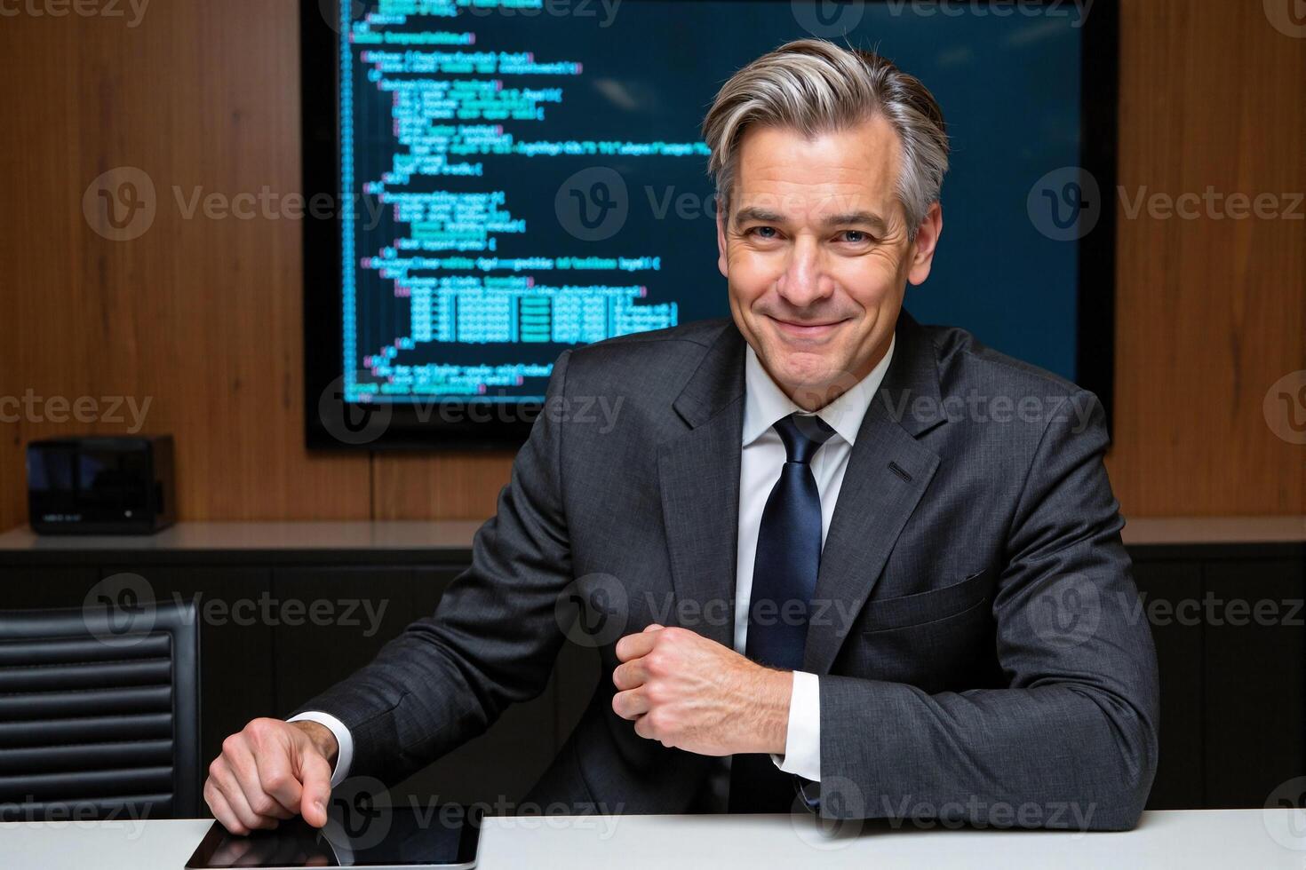 Successful senior software developer or IT executive in a suit, smiling confidently at his desk in a modern office, with complex programming code visible on a large computer screen photo