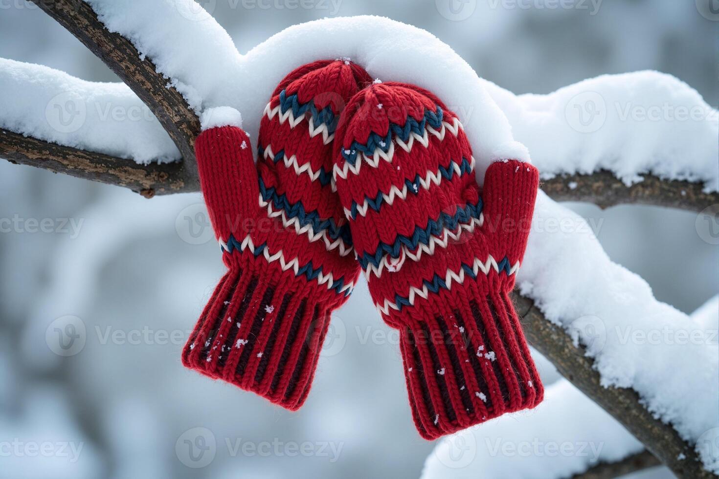 Red mittens on a tree branch in the snow photo