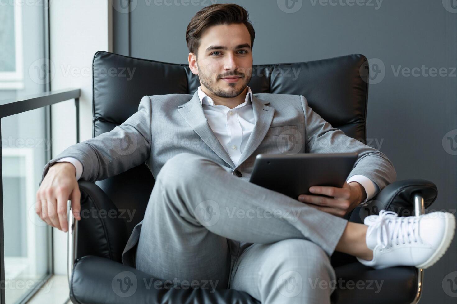Young, successful entrepreneur in a stylish grey suit and white sneakers, relaxing confidently in a black leather executive chair while holding a tablet, with a large window view in a modern office photo