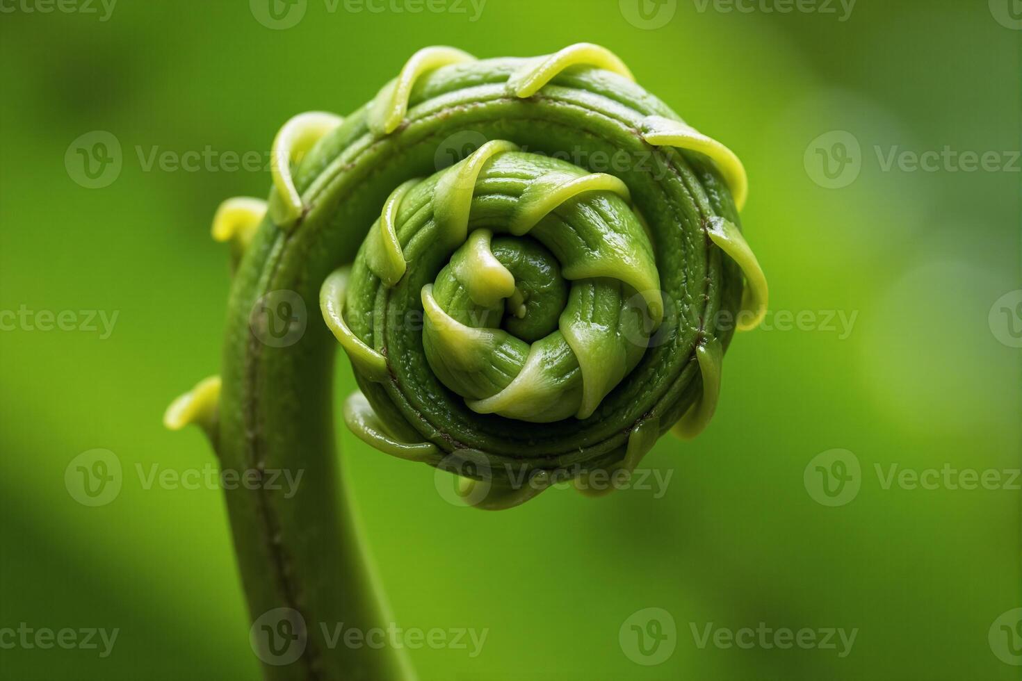 Close-up of a fern frond unfurling into a spiral shape, showcasing the intricate details of its growth photo