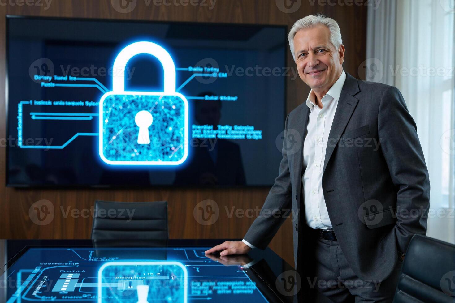 A man in a suit standing in front of a screen with a padlock on it photo