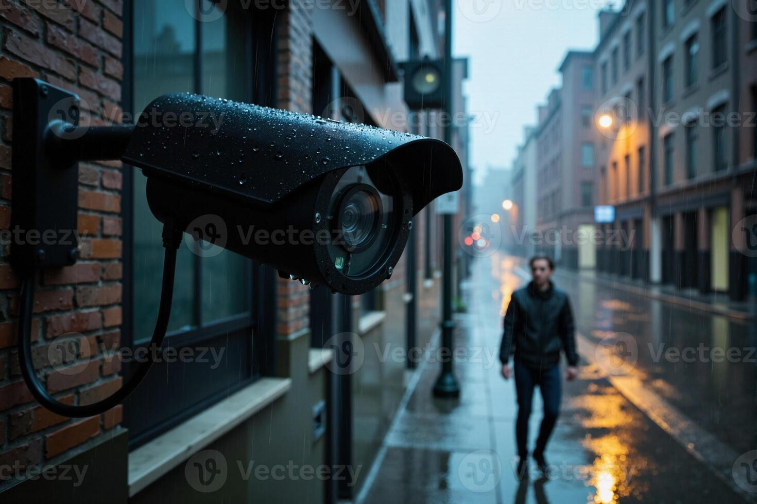 A man walking down a street with a security camera photo