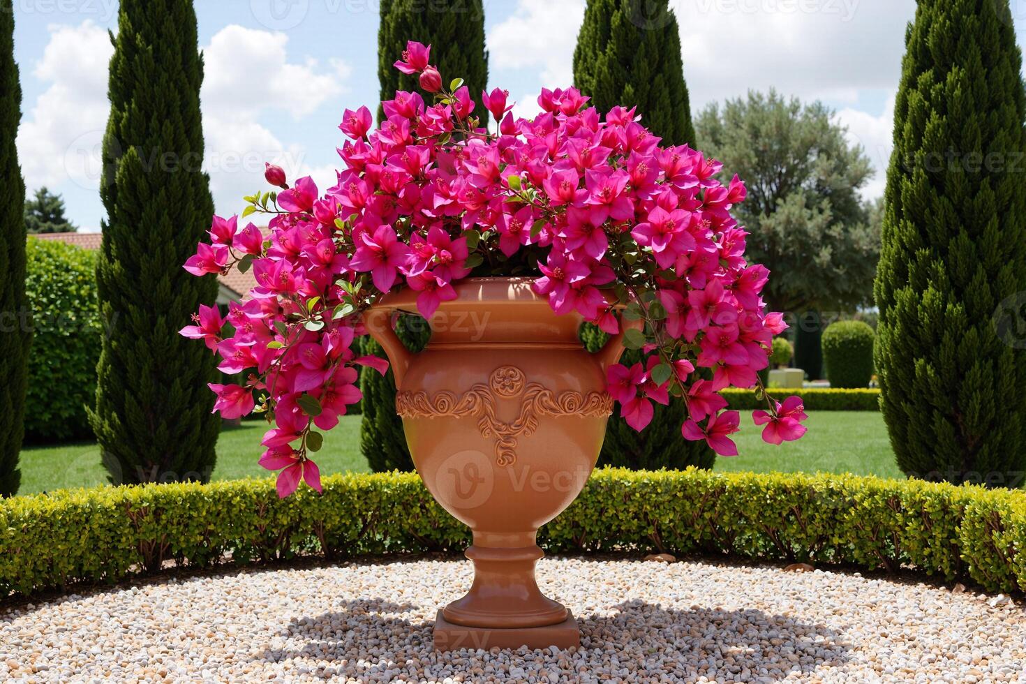 large terracotta urn overflowing with vibrant bright pink bougainvillea flowers, creating a stunning floral display in a formal Mediterranean-style garden with cypress trees and a gravel path photo