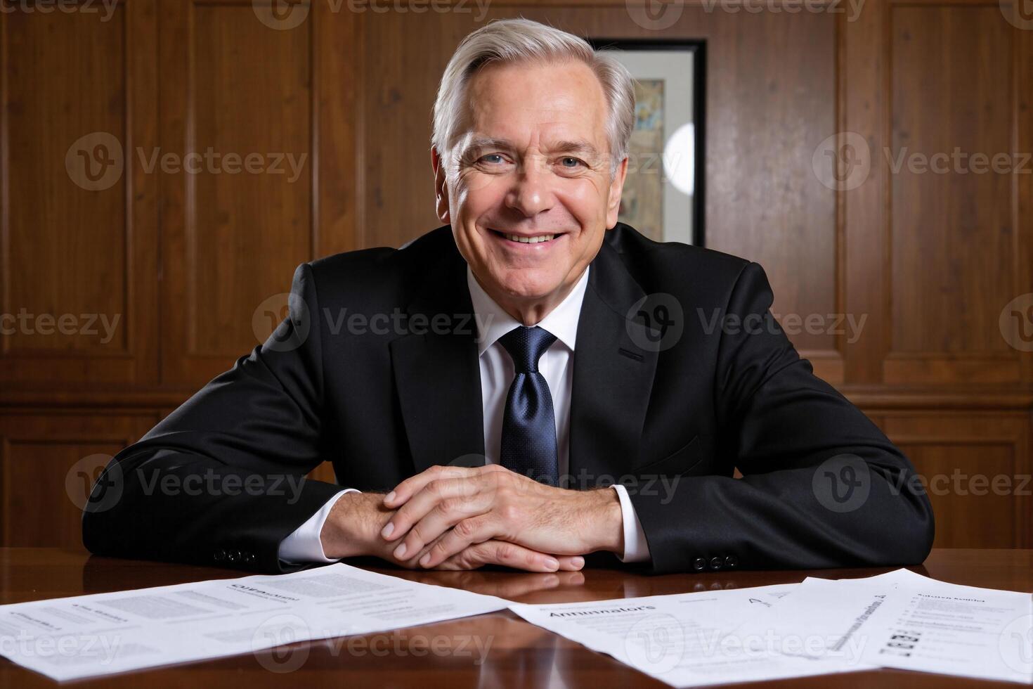 A man in a suit sitting at a desk with papers photo