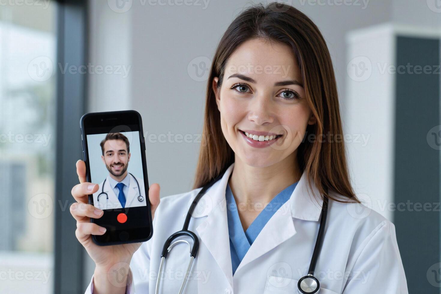 A woman in a white coat holding up a phone with a chat photo