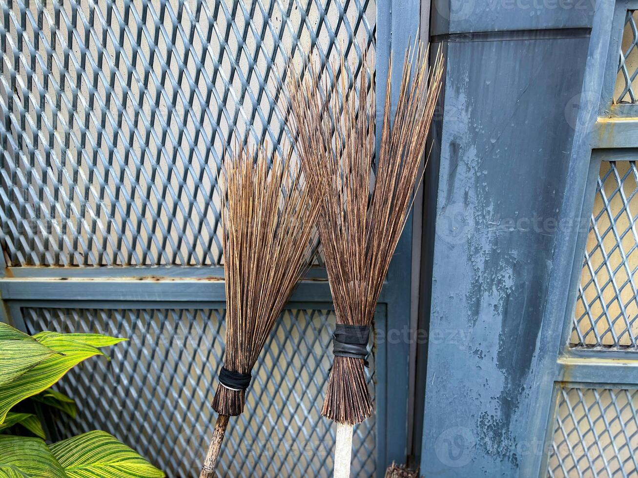 Two brooms are leaning and resting upright in front of a sturdy metal fence, creating an interesting scene in the outdoor area nearby photo