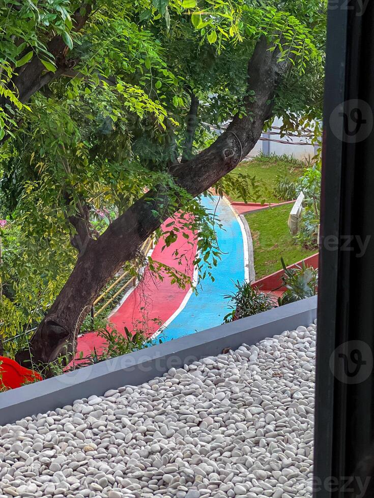 The picturesque view of a jogging track or running track can be admired through a window, having a beautiful tree in the foreground, enhancing the scenery photo