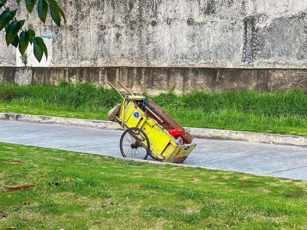 A bright yellow cart is making its way down a road that runs parallel to a lush grassy area filled with vibrant green plants and flowers photo