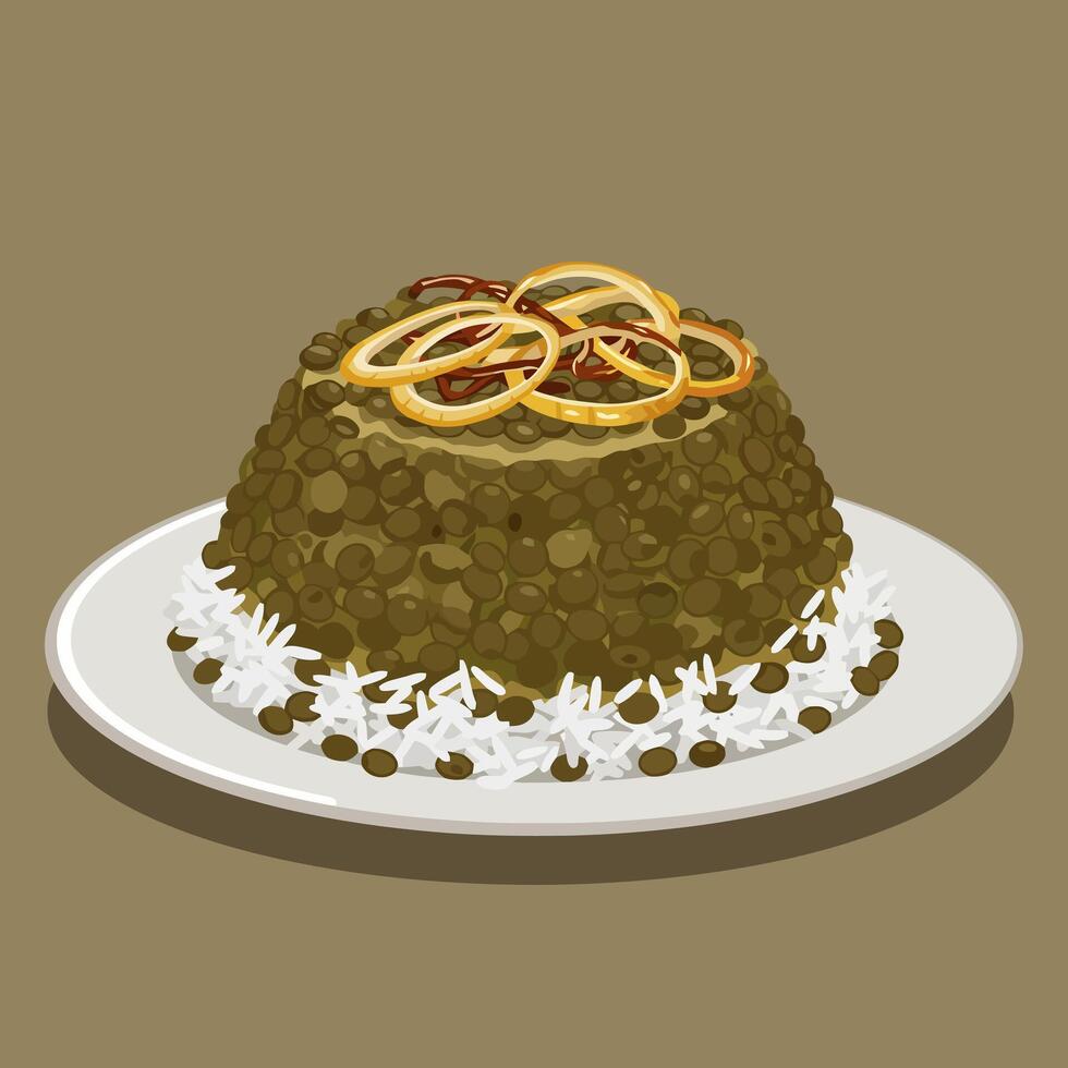 Lentil and Rice Dish on a Plate with Fried Onions vector