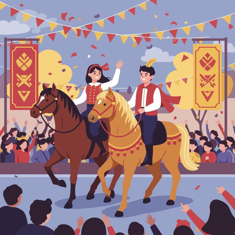 Couple Riding Horses in Parade with Cheering Crowd and Banners vector