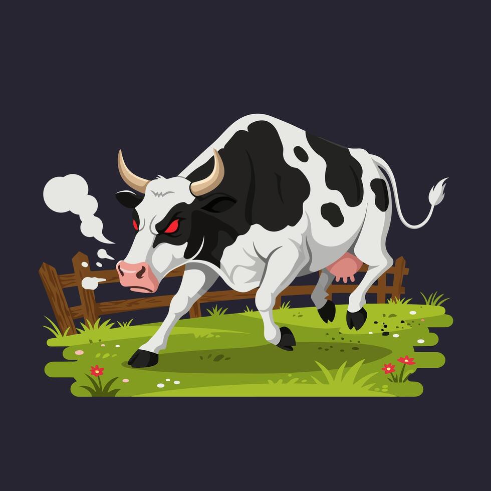 Charging Spotted Cow with Steam Coming From Nostrils in Field vector