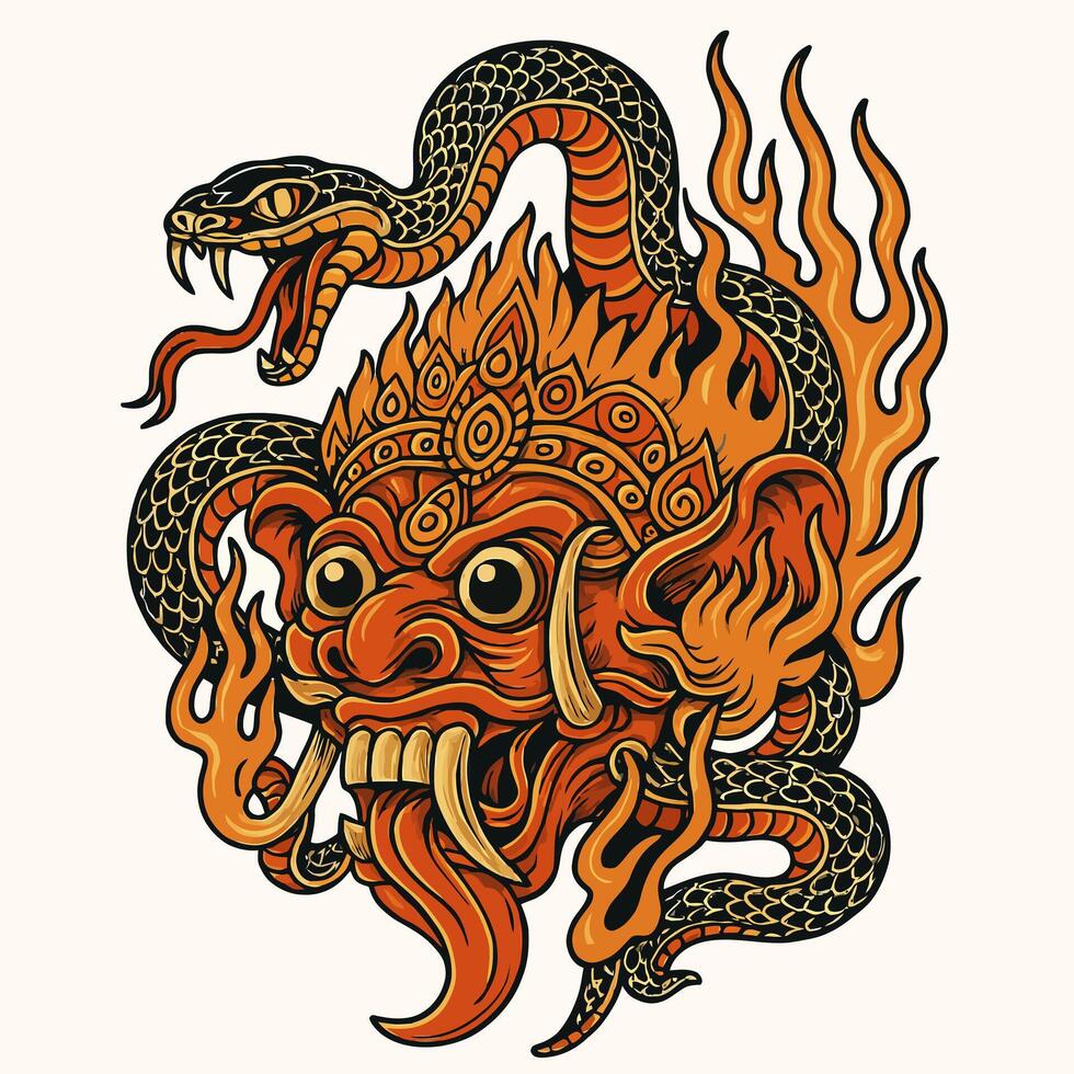 Demon Mask Illustration with Snake Coiling and Flames Decorative Art vector