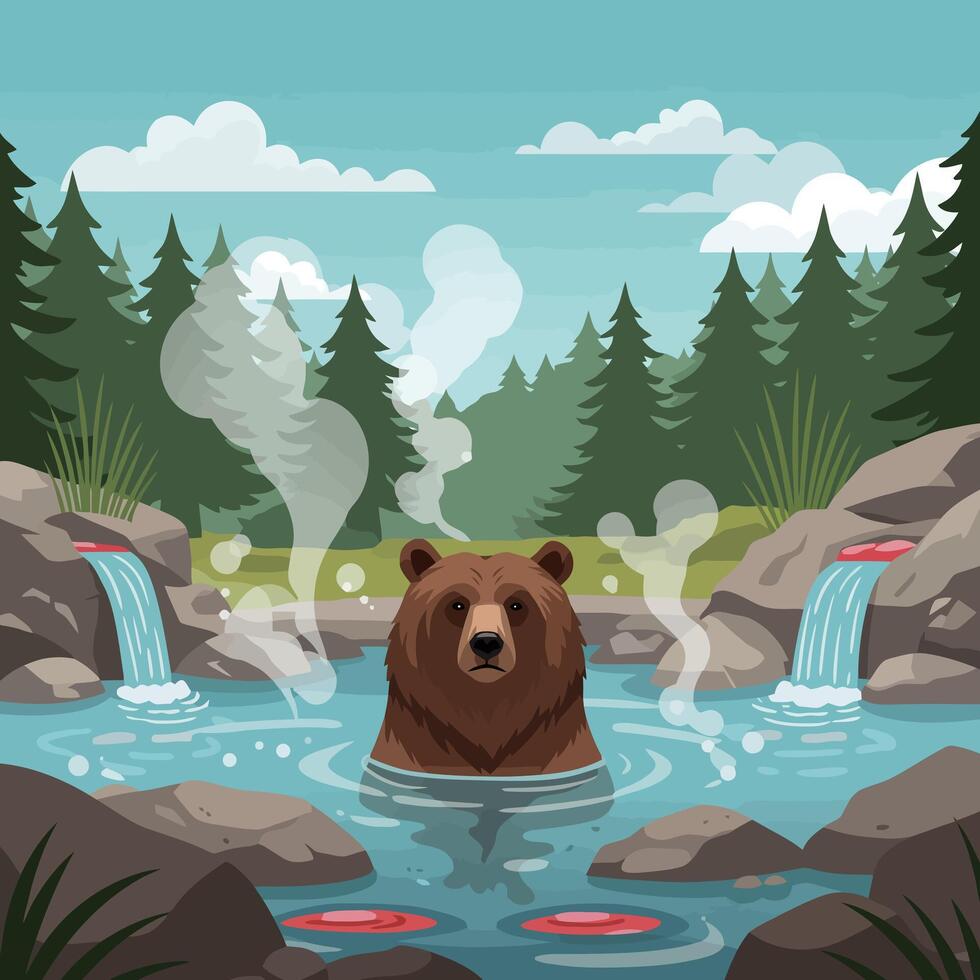 Bear Soaking in Natural Hot Spring Surrounded by Forest Scenery vector