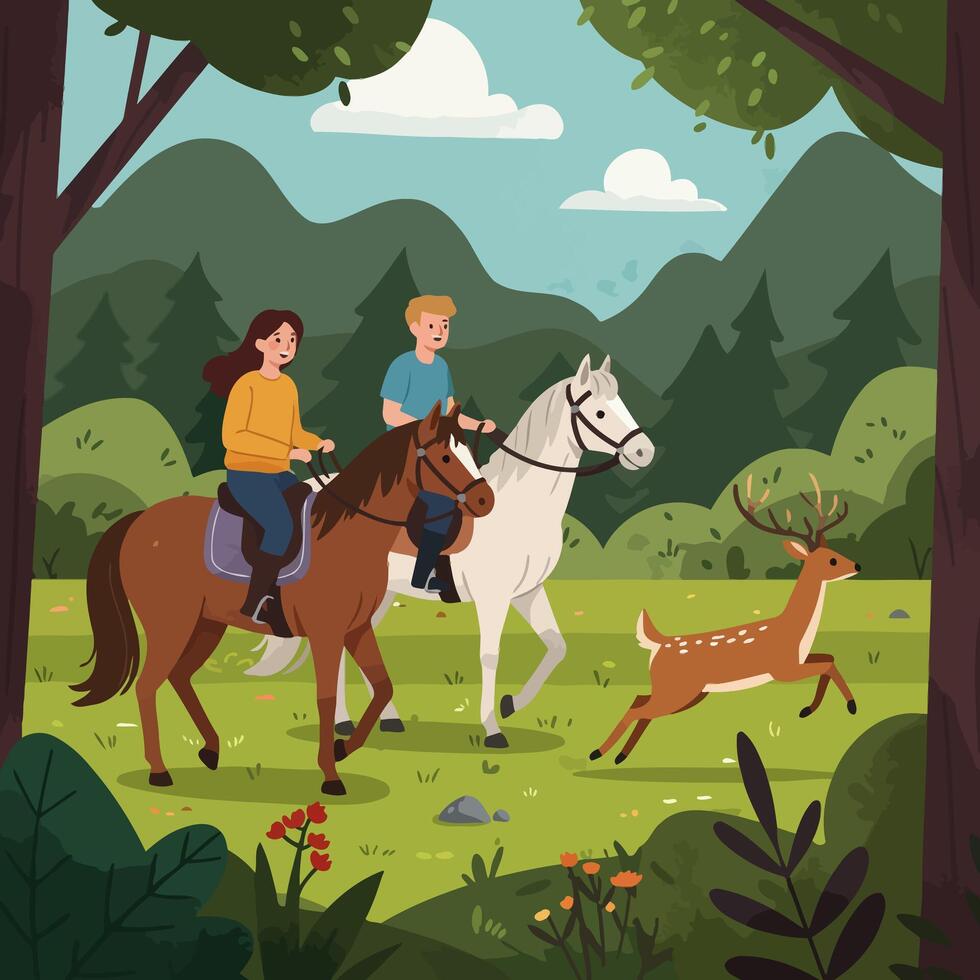 People Riding Horses in a Forest with a Running Deer Illustration vector