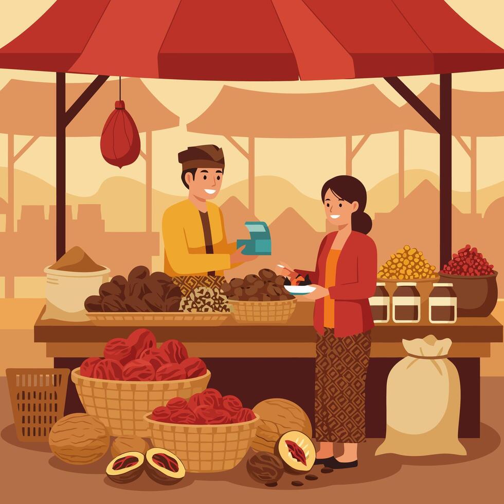 Buying Local Nuts at a Traditional Market Stall with Vendor vector