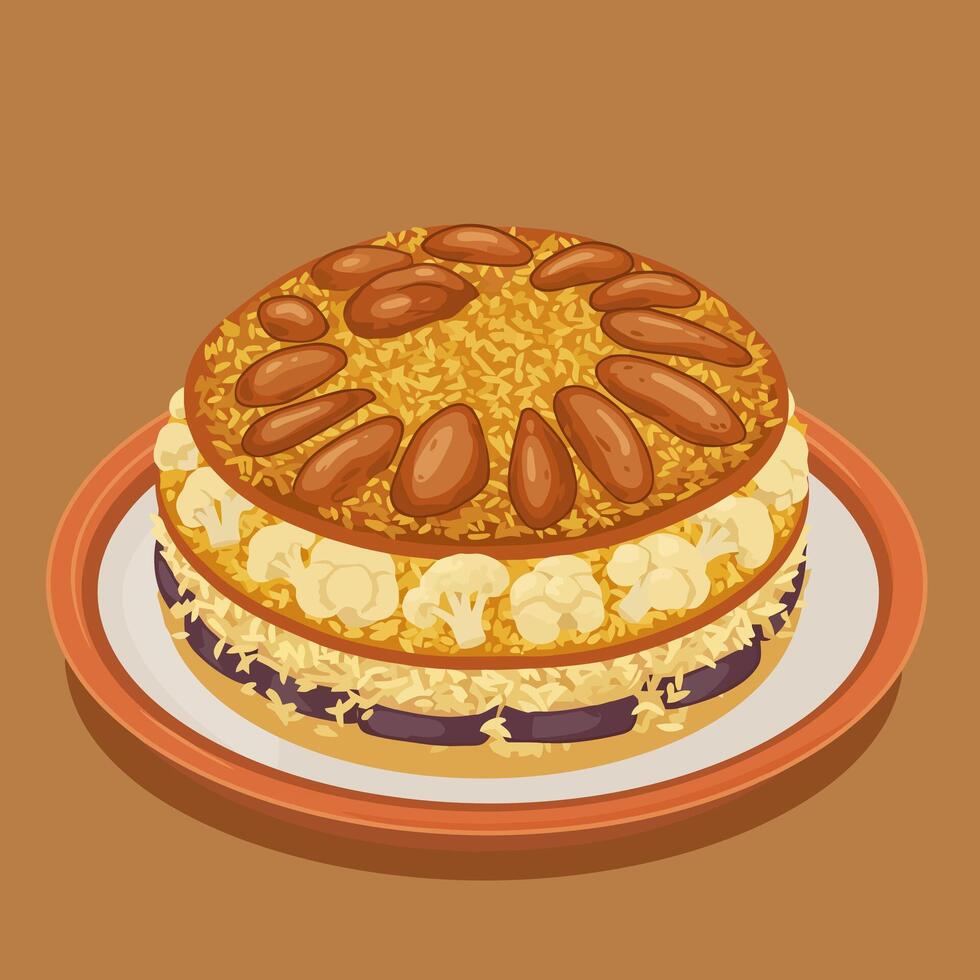 Serving Maqluba Dish with Rice Cauliflower and Almond Decoration vector