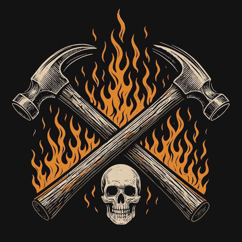 Hammers Crossing Above a Skull Surrounded by Fiery Flames Graphic vector