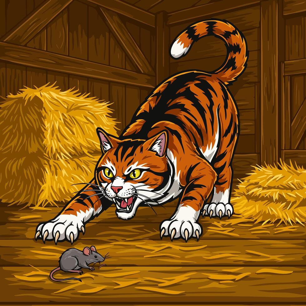 Cartoon Cat Hunting Mouse in Barn Stalking Prey with Determination vector