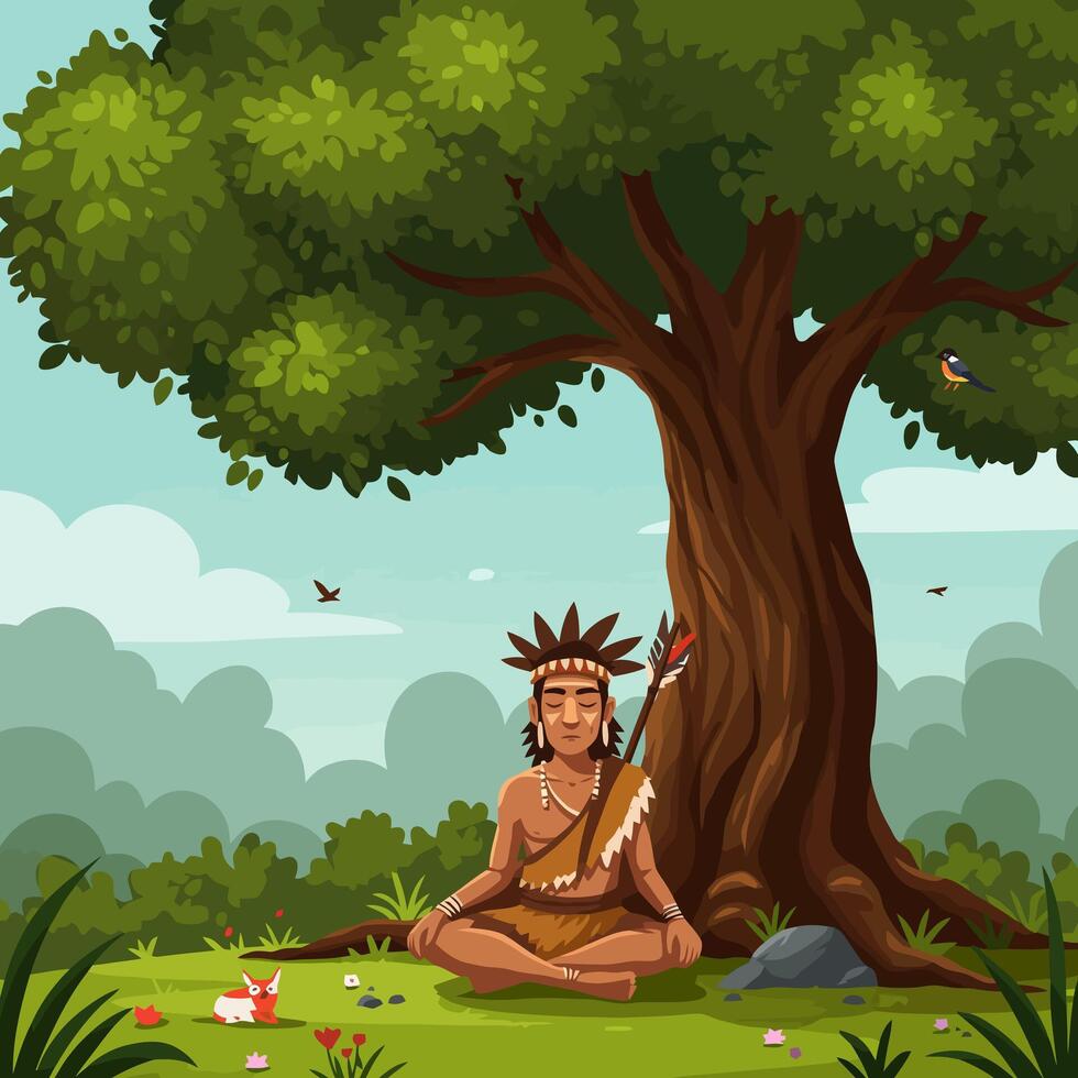 Man Meditating Under Tree in Peaceful Nature Scene Illustration vector