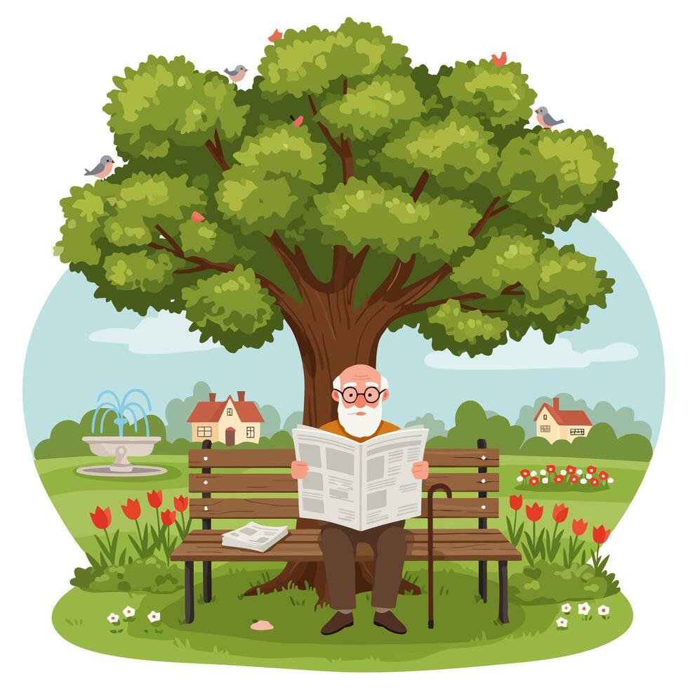Reading Newspaper on Bench in Park Under Tree with Birds vector