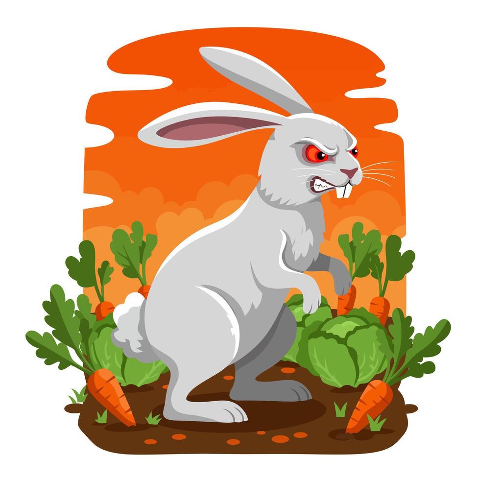 Illustration of Aggressive Rabbit Standing in Garden with Vegetables vector