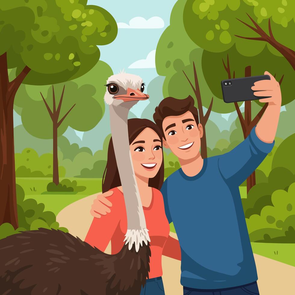 People Taking Selfie with Ostrich in a Park on a Sunny Day vector
