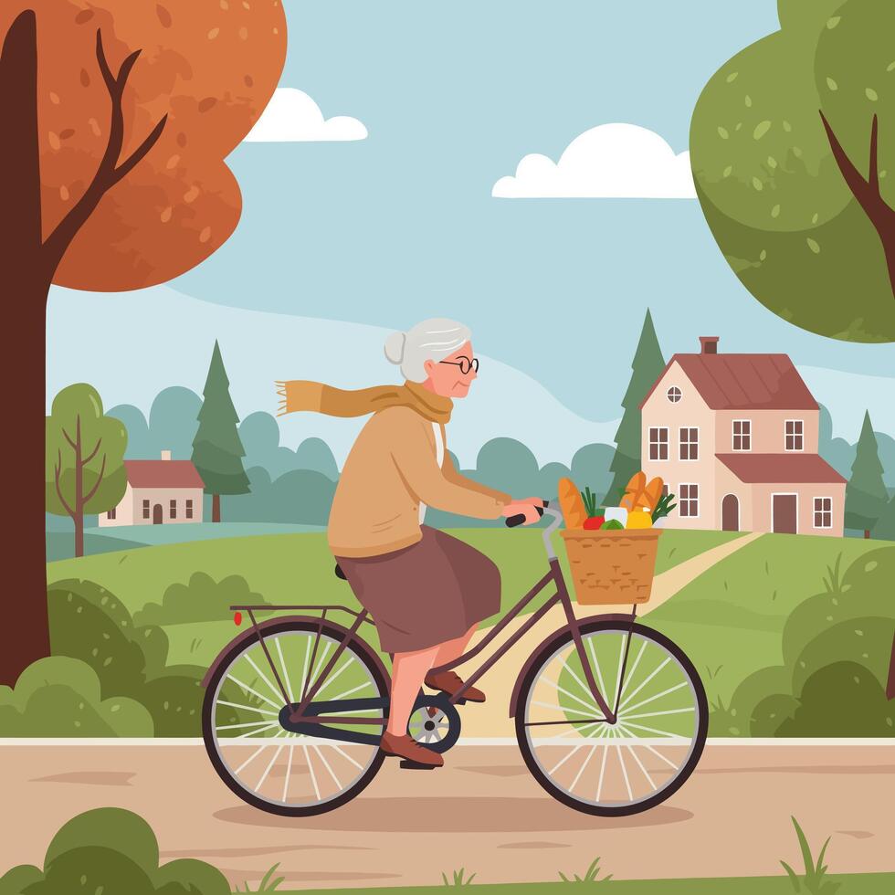 Woman Riding Bicycle with Groceries in Park on Sunny Day vector
