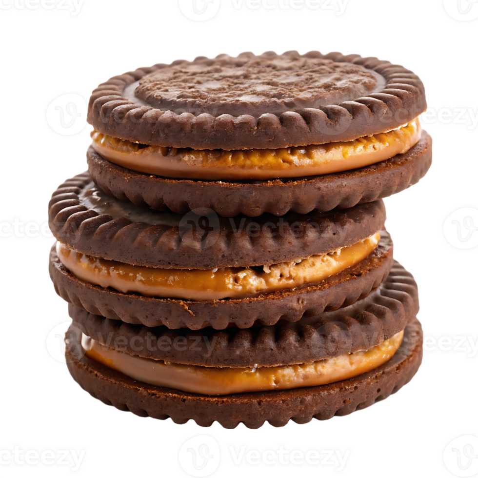Stack of delicious chocolate cookies with caramel filling. png
