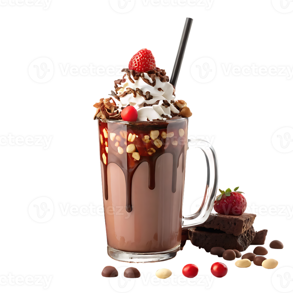 Delicious chocolate milkshake with whipped cream, strawberries, and nuts. png