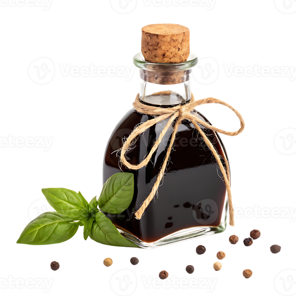 Balsamic vinegar in a glass bottle with basil and peppercorns. png
