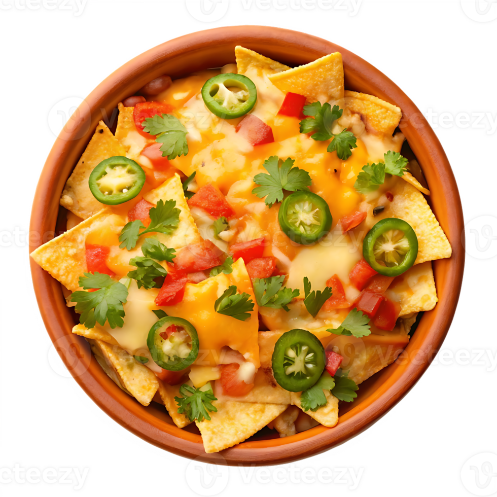 Delicious nachos with melted cheese, jalapenos, tomatoes, and cilantro. png