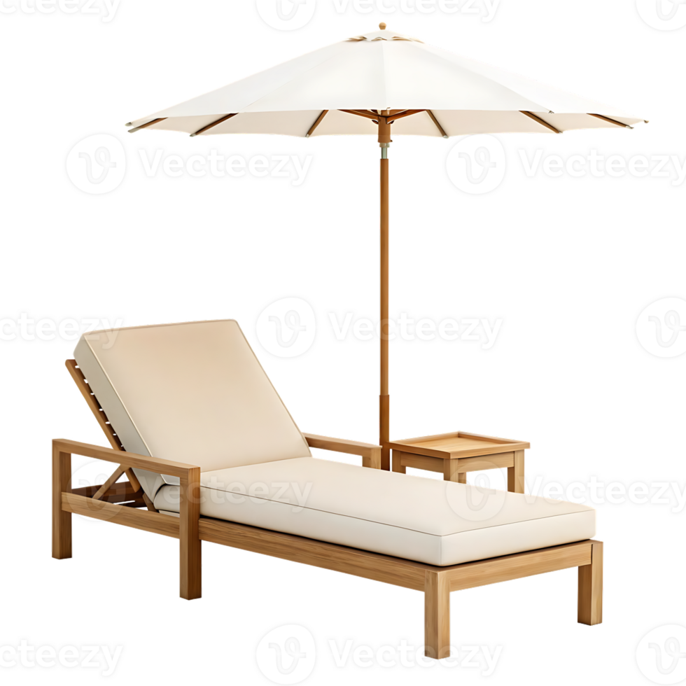 Relaxing teak chaise lounge with umbrella and side table. Perfect for summer. png