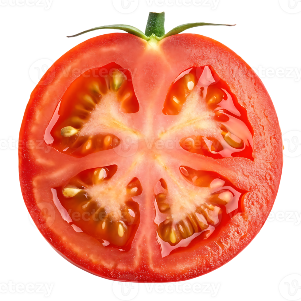 Close up of a perfectly ripe tomato slice, showcasing its vibrant color and juicy texture. png