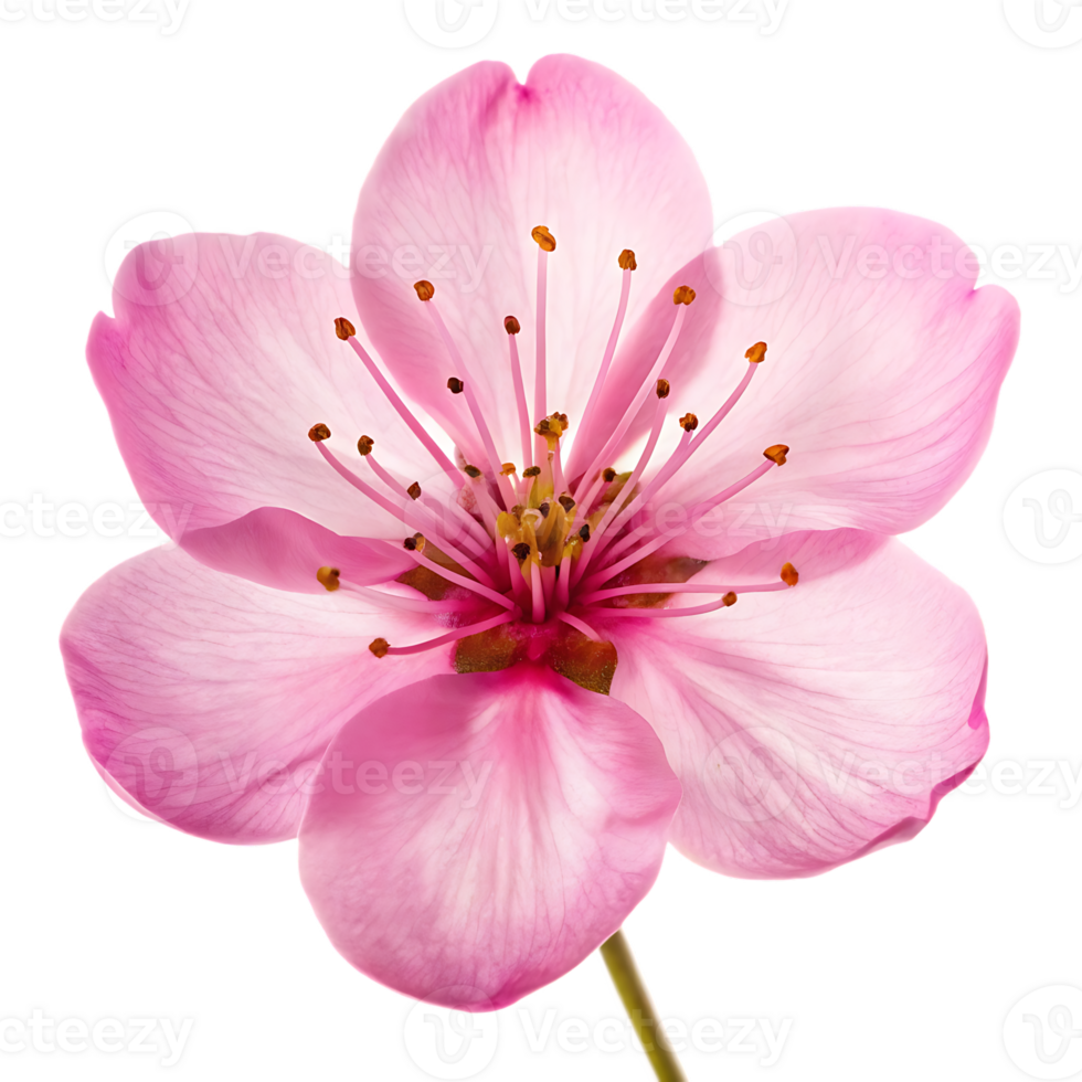 Single pink cherry blossom flower close up. png