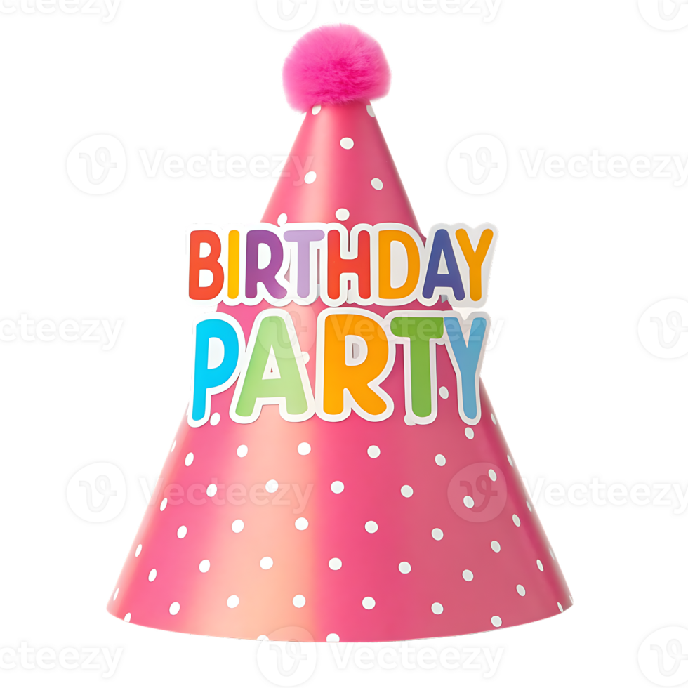 Pink birthday party hat with polka dots and colorful text. png