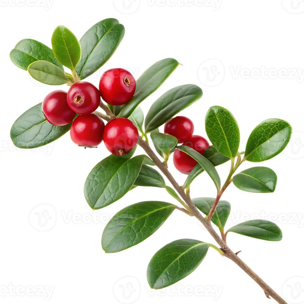 Lingonberry branch with ripe red berries and green leaves. png