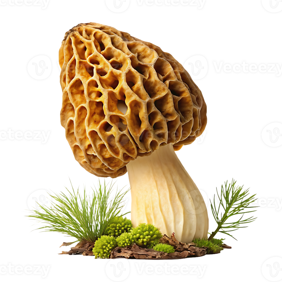 Single morel mushroom with pine needles png