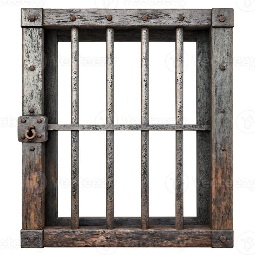 Old wooden jail window with rusty metal bars. png
