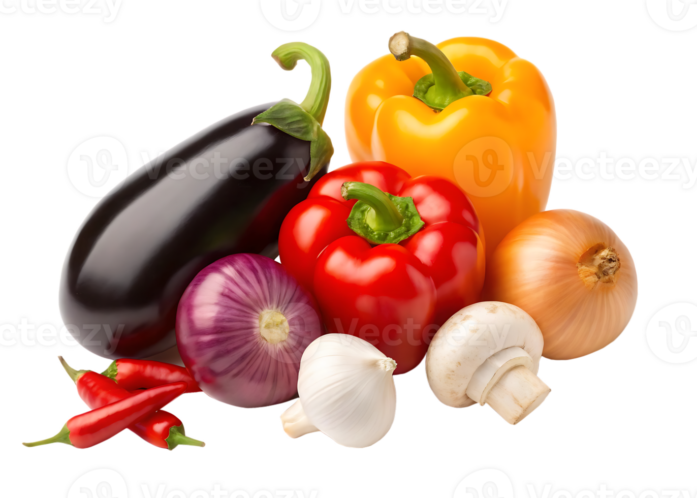 Colorful assortment of fresh vegetables including eggplant, bell peppers, onion, chili peppers, and mushrooms. png