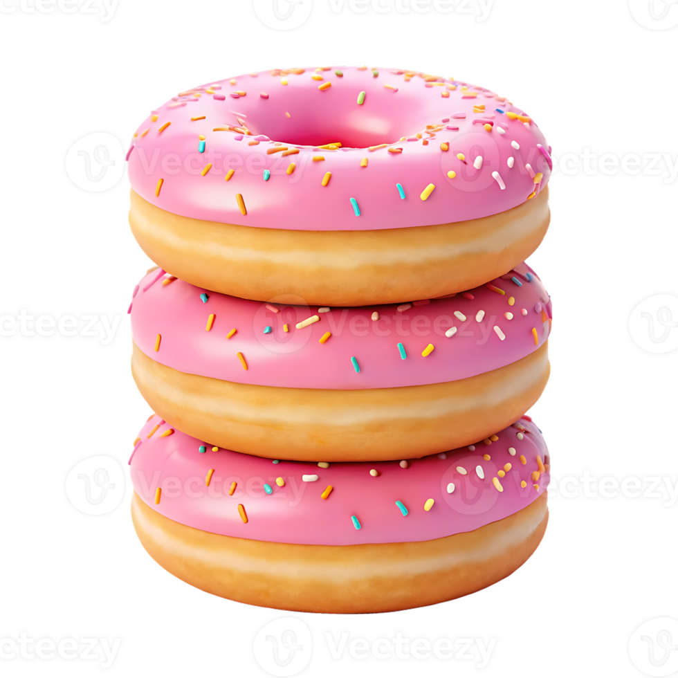 Stack of three pink donuts with sprinkles. png
