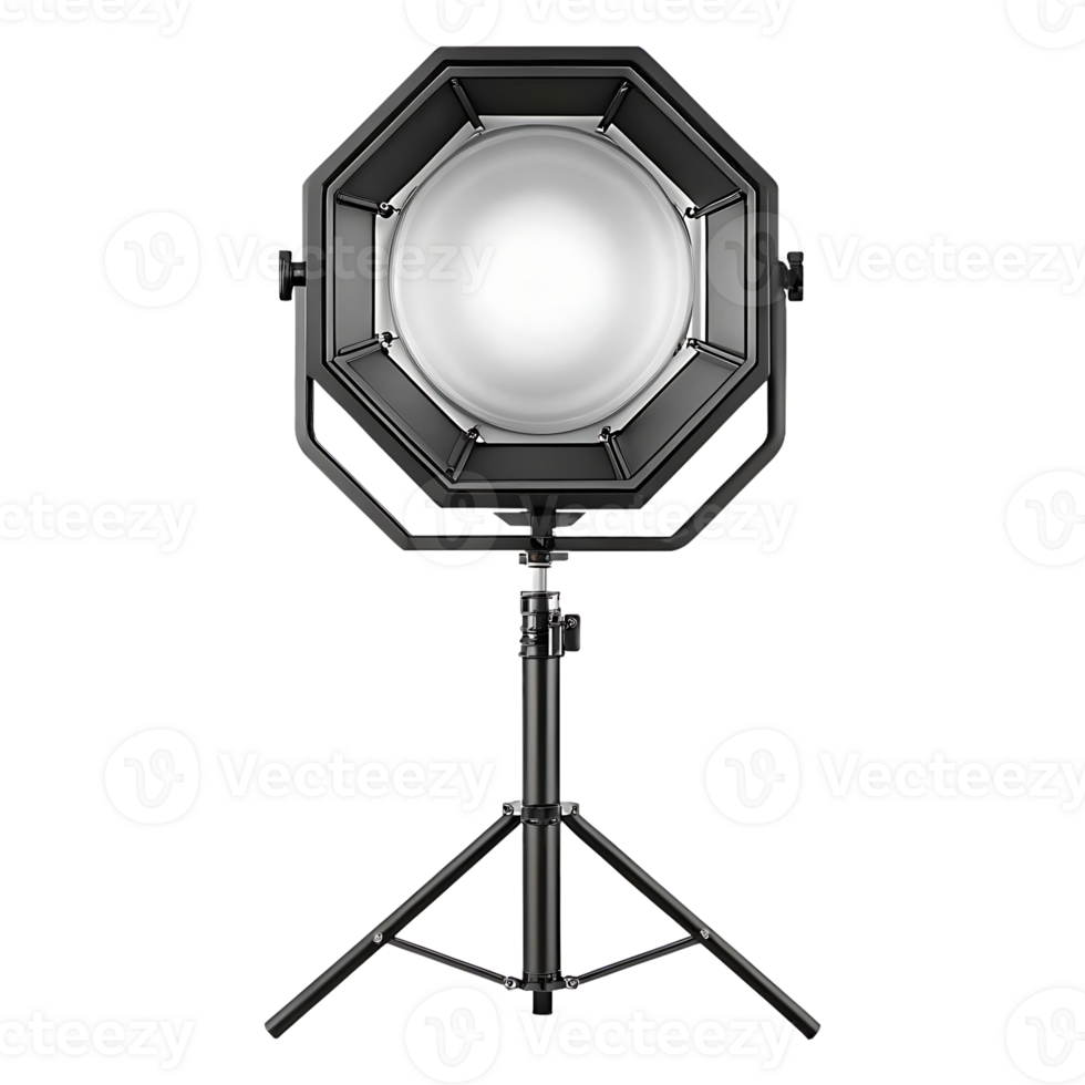 Octagonal LED photography studio light on a tripod. png