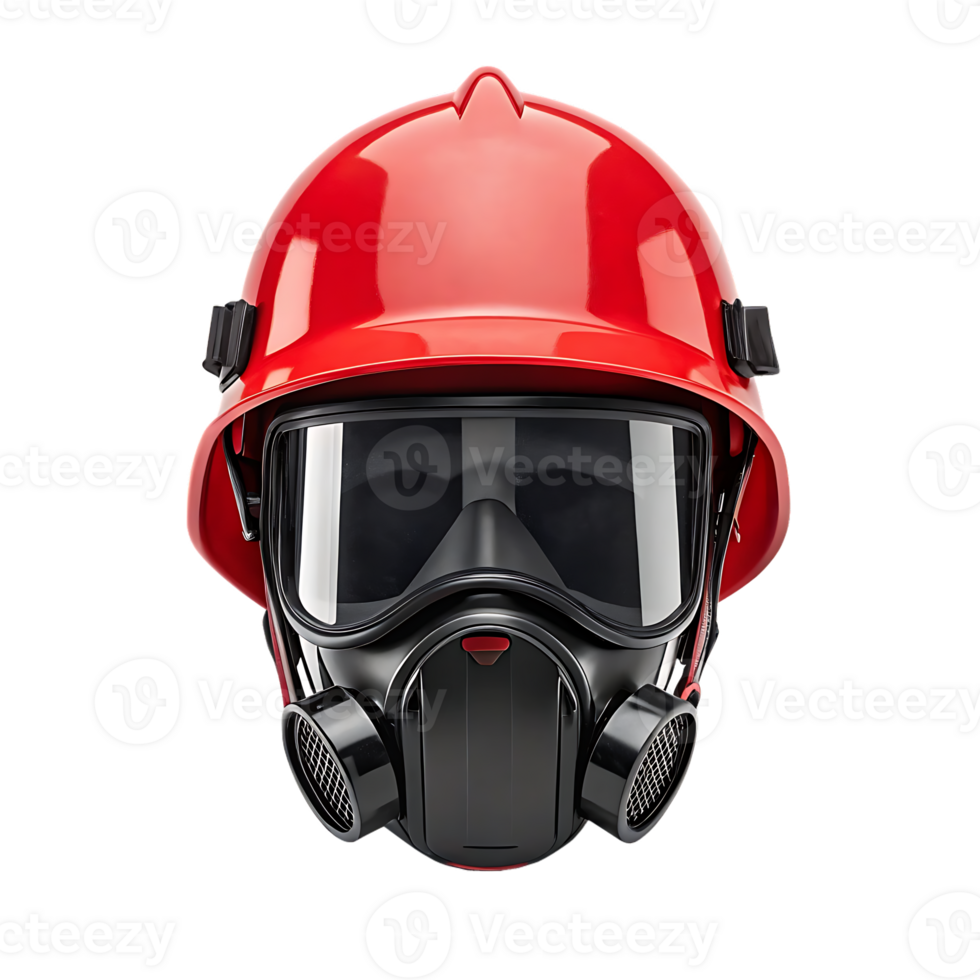 Red firefighter helmet with respirator mask. png