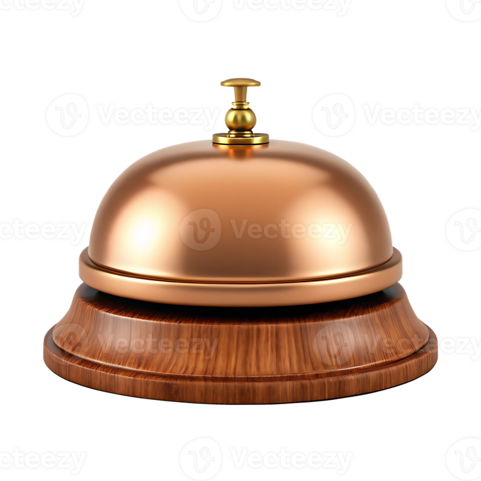 Copper service bell on wooden base. Reception, hotel, help. png