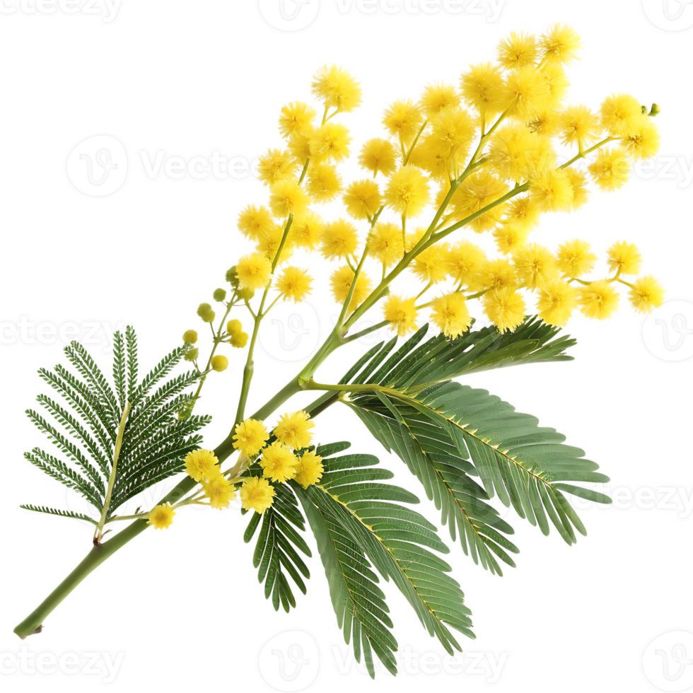 Mimosa flower branch with yellow blossoms and green leaves. png