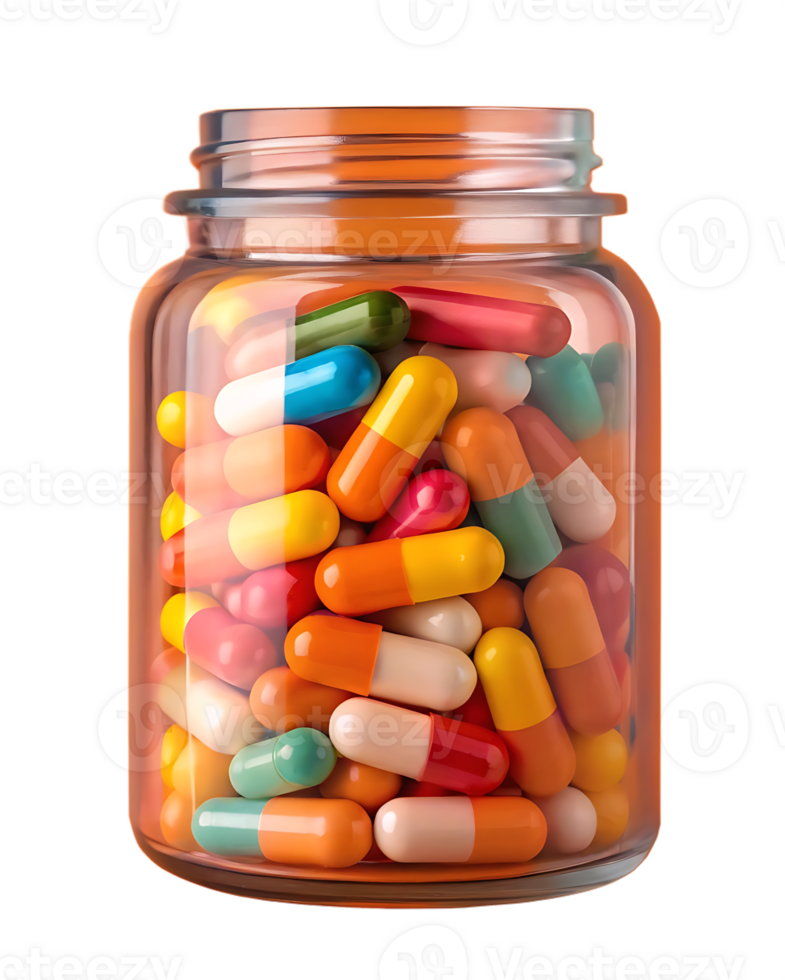 A glass jar filled with colorful capsules. Medicine, healthcare, pharmacy. png