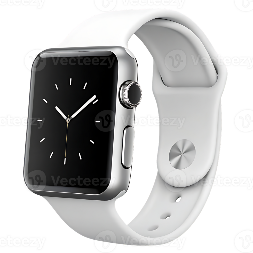 White Apple Watch on white band. Smartwatch technology. png