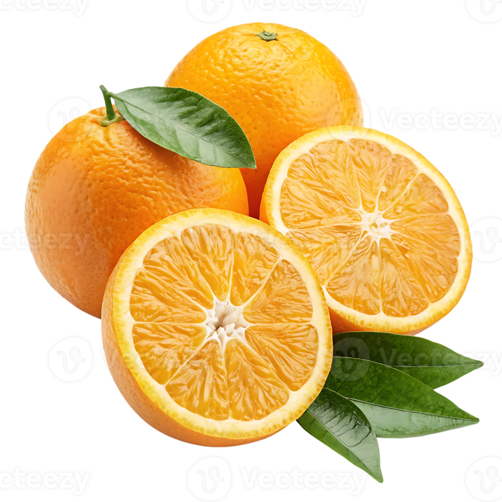 Fresh juicy oranges with green leaves png